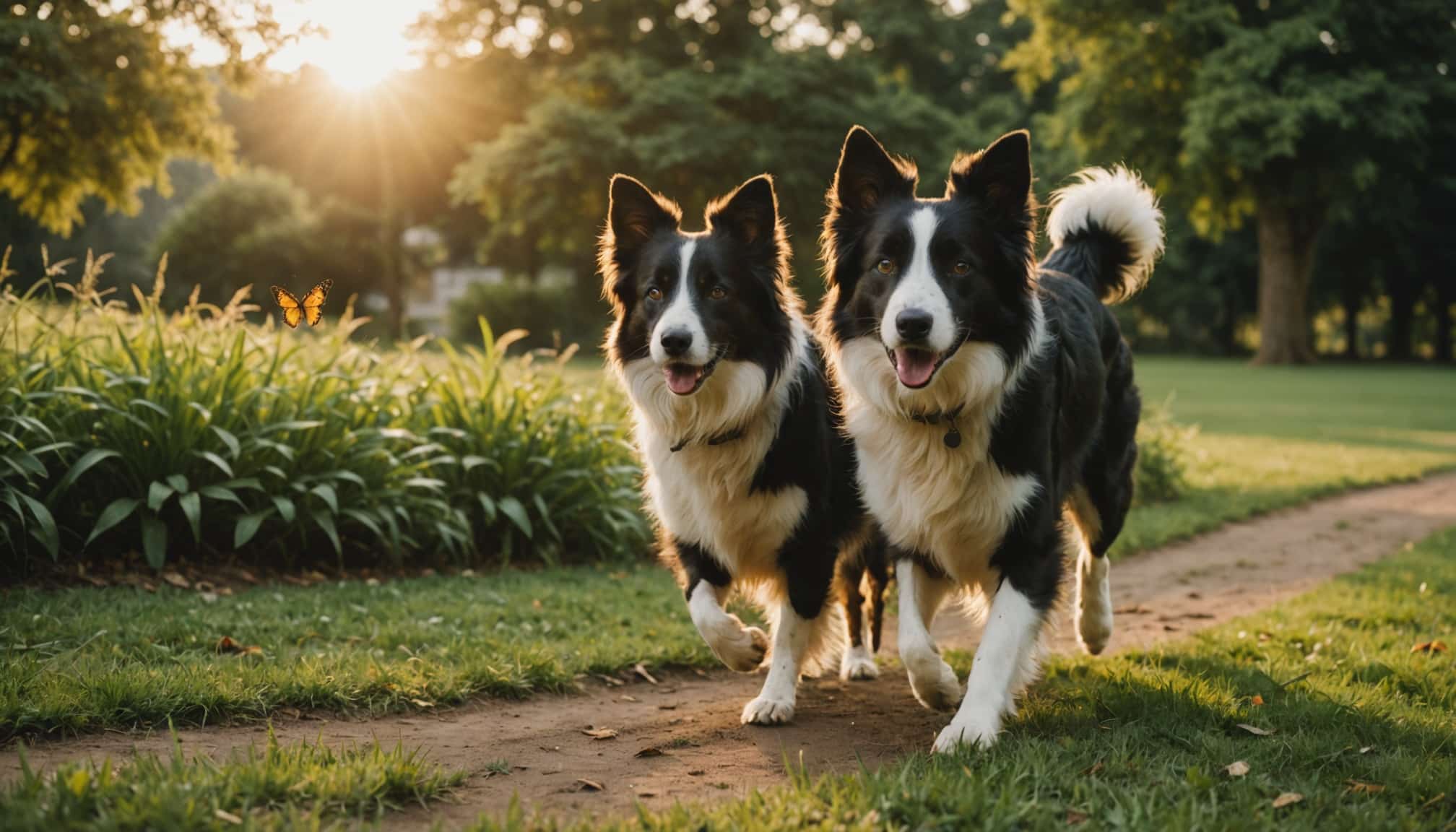 Chien s'échappant dans un jardin fleuri  
Un chien courant librement dans un parc verdoyant