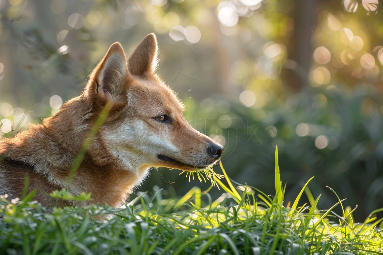 Chiens en train de manger de lherbe dans un parc  
Chien curieux grignotant de lherbe verte et fraîche