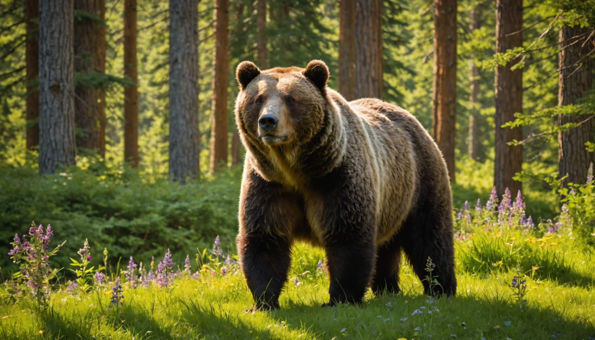 grizzly et ours brun côte à côte en forêt  
ours brun posé sur un rocher avec un grizzly proche