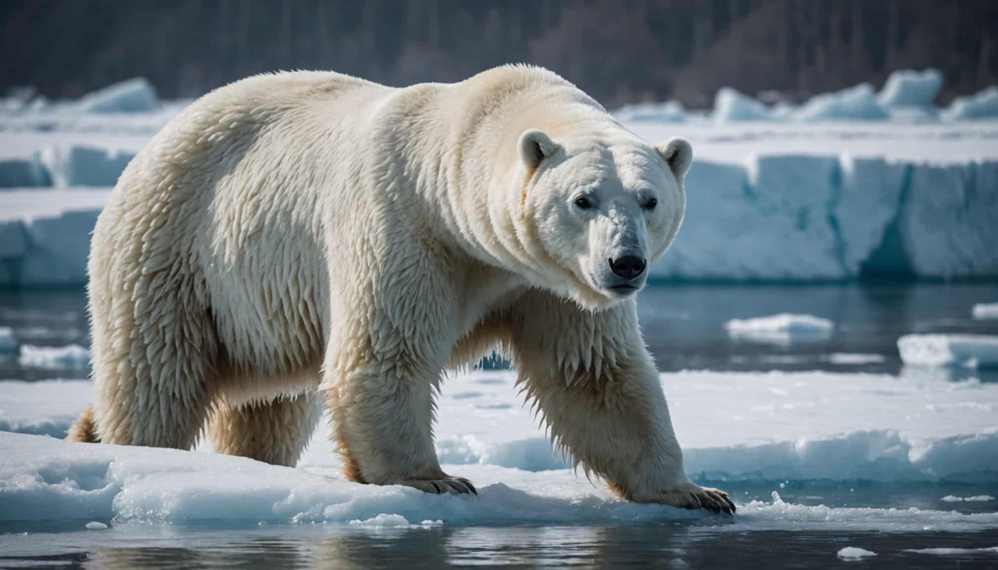 ours blanc dans un environnement glaciaire protégé  
animal arctique sur la banquise en danger de disparition