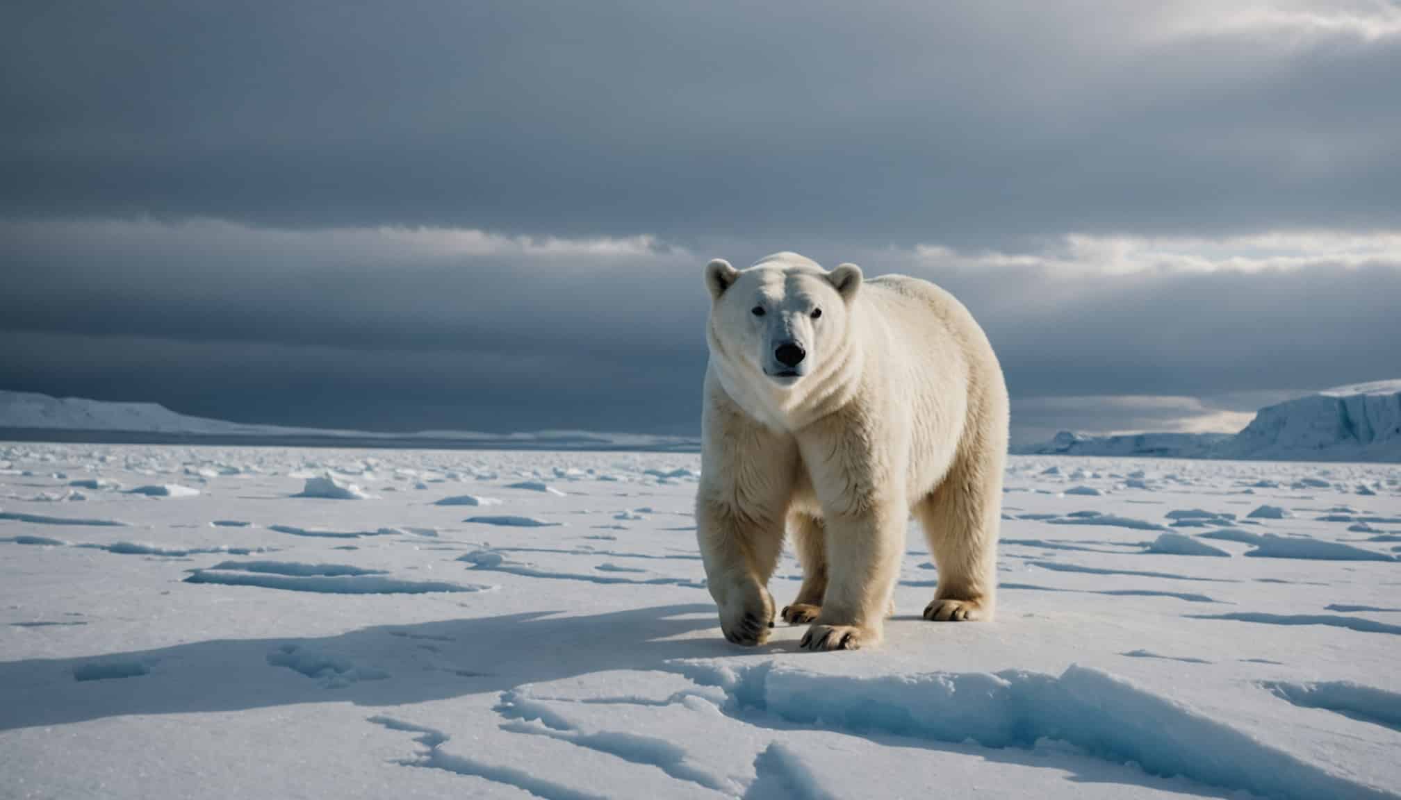 Ours blanc sur la glace dans un paysage arctique  
Animal majestueux en danger sur son habitat glacé