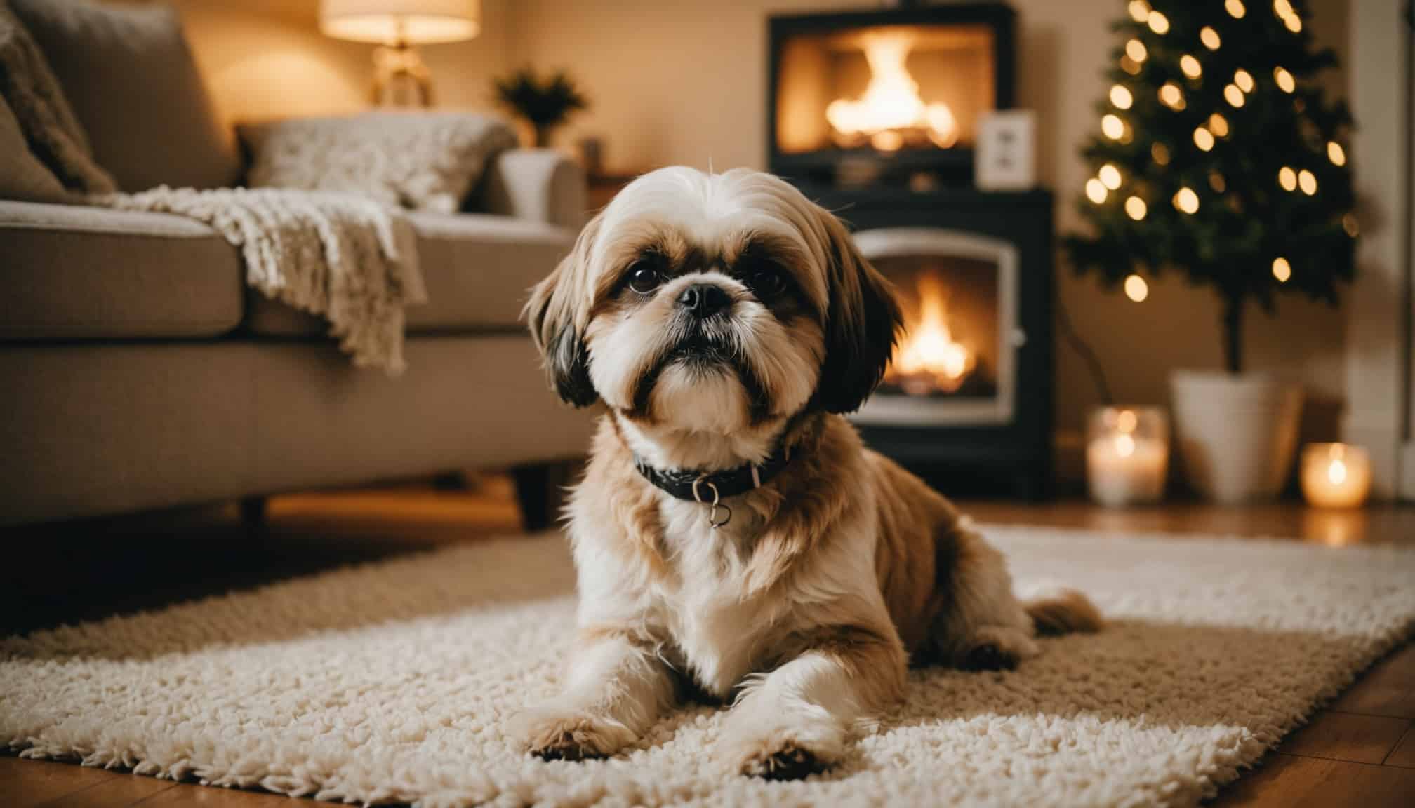 Petit chien mignon dans un appartement accueillant  
Chien de petite taille jouant dans un salon moderne