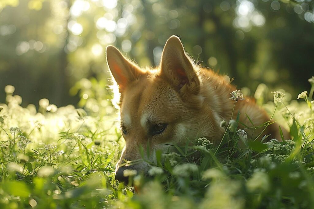 Chiens en train de manger de lherbe dans un parc