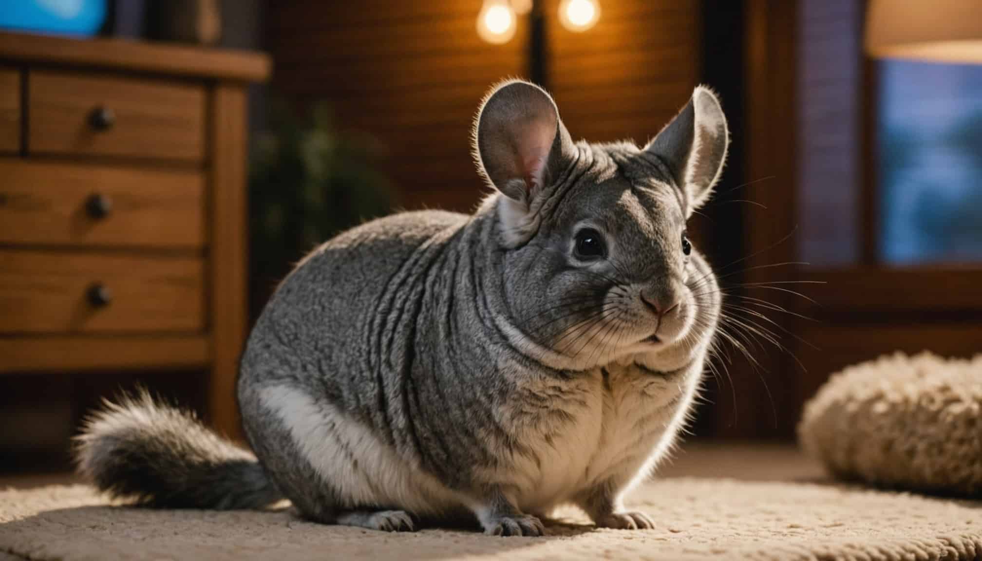 Un chinchilla curieux explore son environnement  
Un chinchilla émet des sons intrigants enjoués